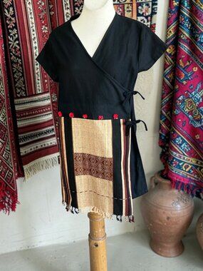 Vintage Ethnic  Hill Tribe Woven Textile Wrap Tunic Vest